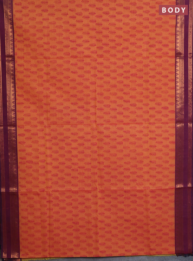Chettinad cotton saree dual shade of orange and wine shade with allover prints and rettapet zari woven border