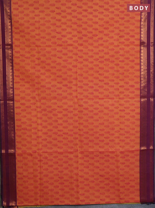 Chettinad cotton saree dual shade of orange and wine shade with allover prints and rettapet zari woven border