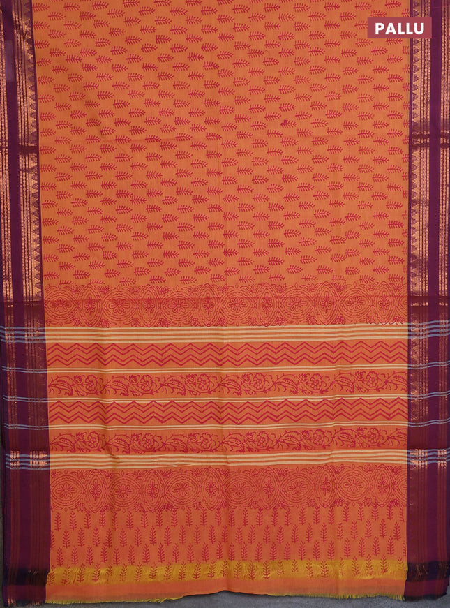 Chettinad cotton saree dual shade of orange and wine shade with allover prints and rettapet zari woven border
