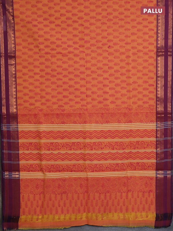 Chettinad cotton saree dual shade of orange and wine shade with allover prints and rettapet zari woven border