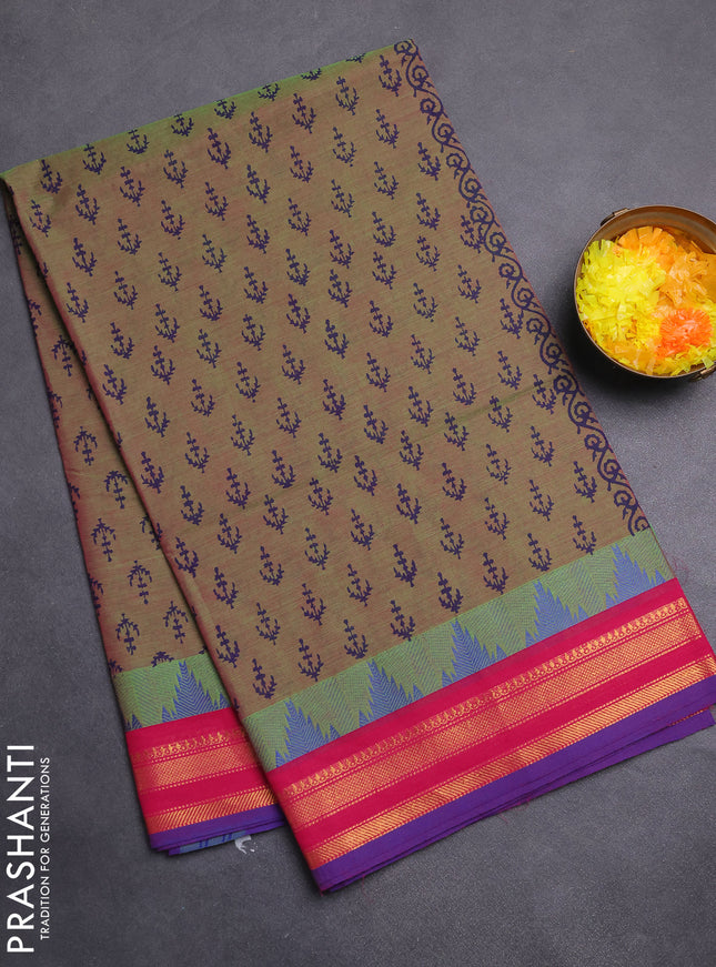 Chettinad cotton saree dual shade of green and pink with allover butta prints and temple design rettapet zari woven border
