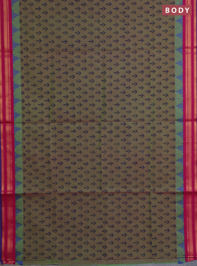 Chettinad cotton saree dual shade of green and pink with allover butta prints and temple design rettapet zari woven border