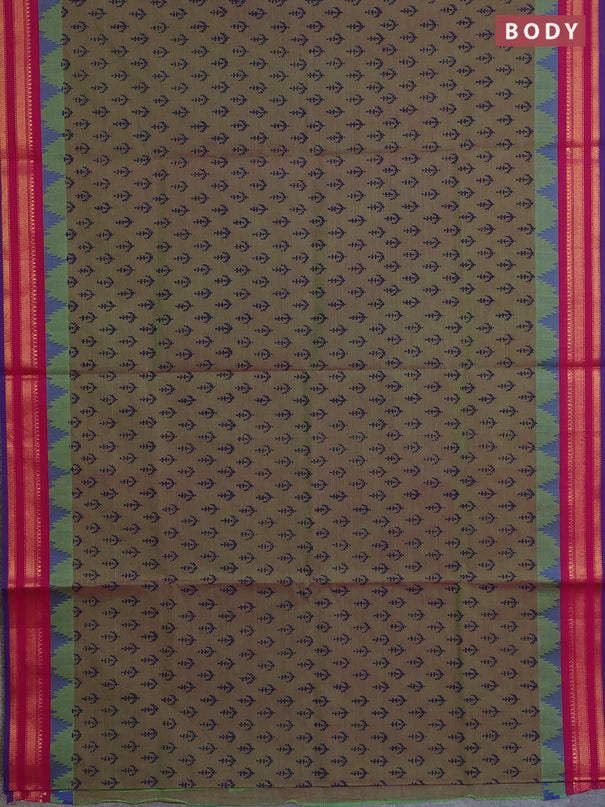 Chettinad cotton saree dual shade of green and pink with allover butta prints and temple design rettapet zari woven border
