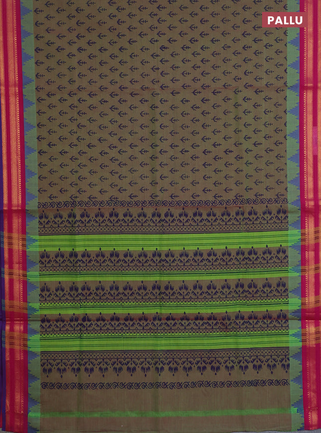 Chettinad cotton saree dual shade of green and pink with allover butta prints and temple design rettapet zari woven border