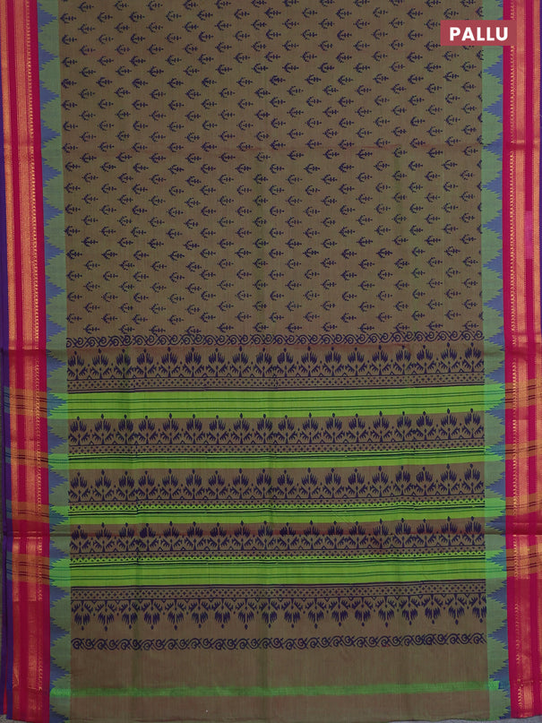 Chettinad cotton saree dual shade of green and pink with allover butta prints and temple design rettapet zari woven border