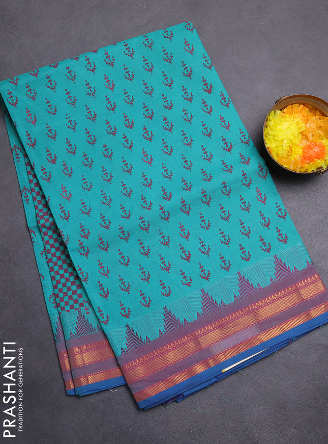 Chettinad cotton saree teal green and dual shade of purple with allover butta prints and temple design rettapet zari woven border