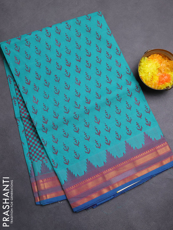 Chettinad cotton saree teal green and dual shade of purple with allover butta prints and temple design rettapet zari woven border