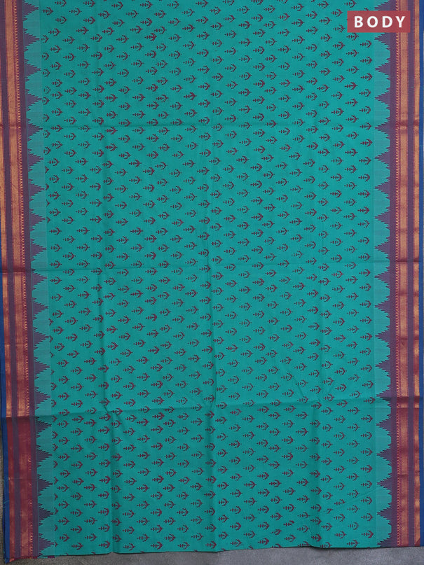 Chettinad cotton saree teal green and dual shade of purple with allover butta prints and temple design rettapet zari woven border