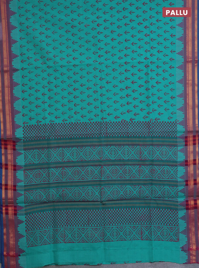 Chettinad cotton saree teal green and dual shade of purple with allover butta prints and temple design rettapet zari woven border