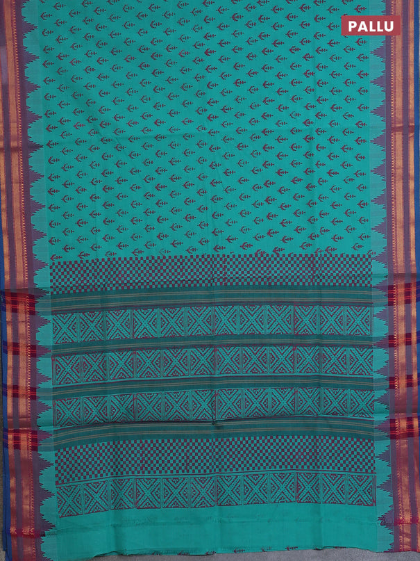 Chettinad cotton saree teal green and dual shade of purple with allover butta prints and temple design rettapet zari woven border