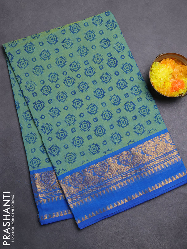 Chettinad cotton saree dual shade of light green and blue with allover butta prints and rettapet zari woven border