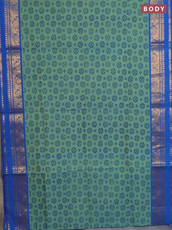 Chettinad cotton saree dual shade of light green and blue with allover butta prints and rettapet zari woven border