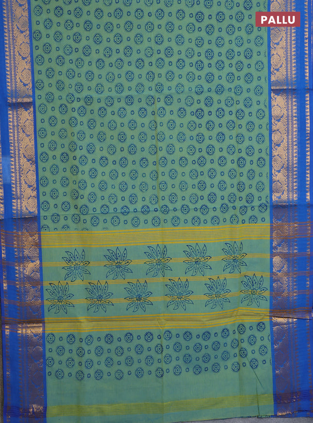 Chettinad cotton saree dual shade of light green and blue with allover butta prints and rettapet zari woven border