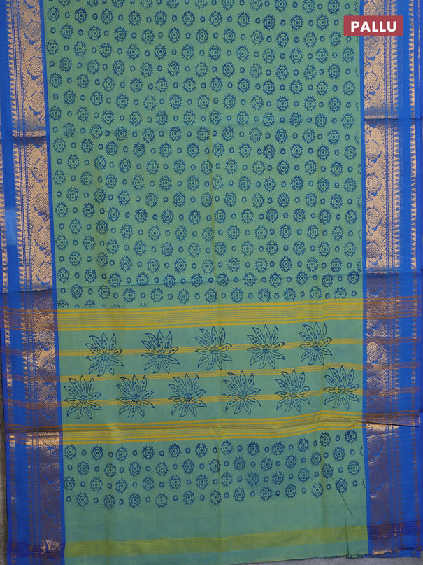 Chettinad cotton saree dual shade of light green and blue with allover butta prints and rettapet zari woven border