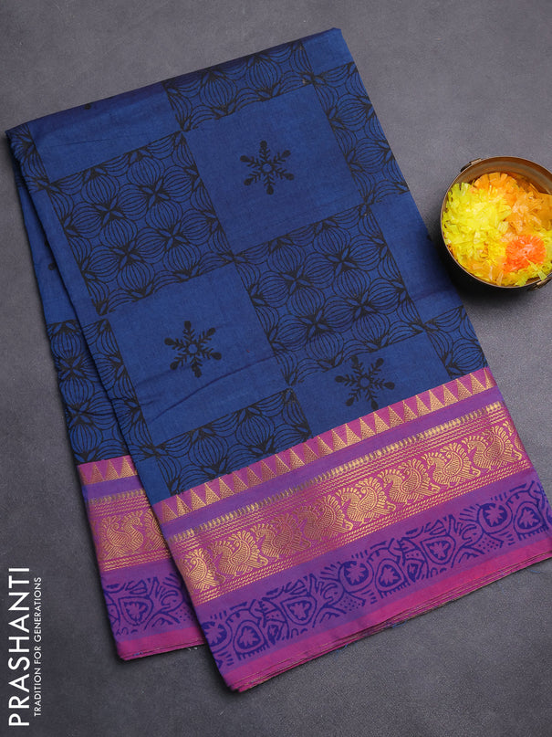 Chettinad cotton saree peacock blue and purple with allover prints and zari woven printed border