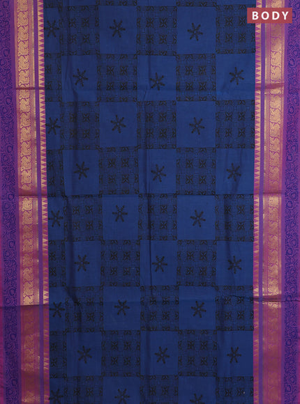 Chettinad cotton saree peacock blue and purple with allover prints and zari woven printed border