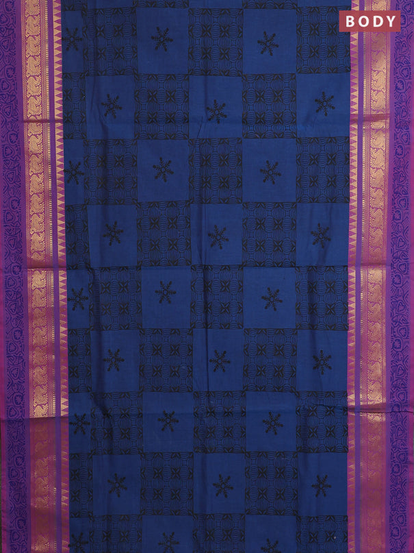 Chettinad cotton saree peacock blue and purple with allover prints and zari woven printed border