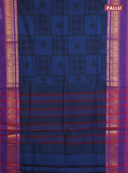 Chettinad cotton saree peacock blue and purple with allover prints and zari woven printed border