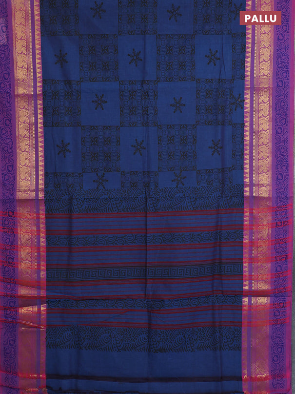 Chettinad cotton saree peacock blue and purple with allover prints and zari woven printed border