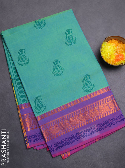 Chettinad cotton saree teal bluish green and purple with butta prints and zari woven printed border