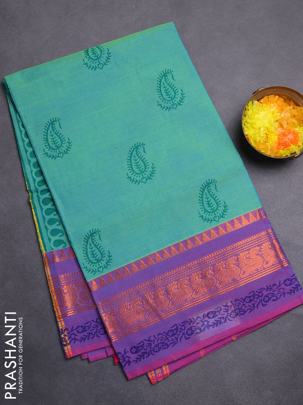 Chettinad cotton saree teal bluish green and purple with butta prints and zari woven printed border