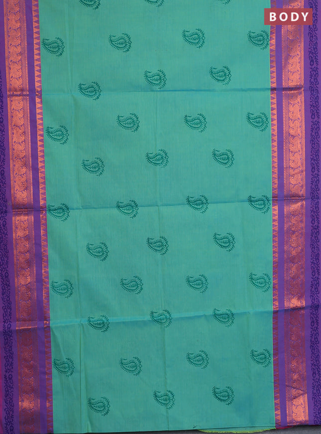 Chettinad cotton saree teal bluish green and purple with butta prints and zari woven printed border