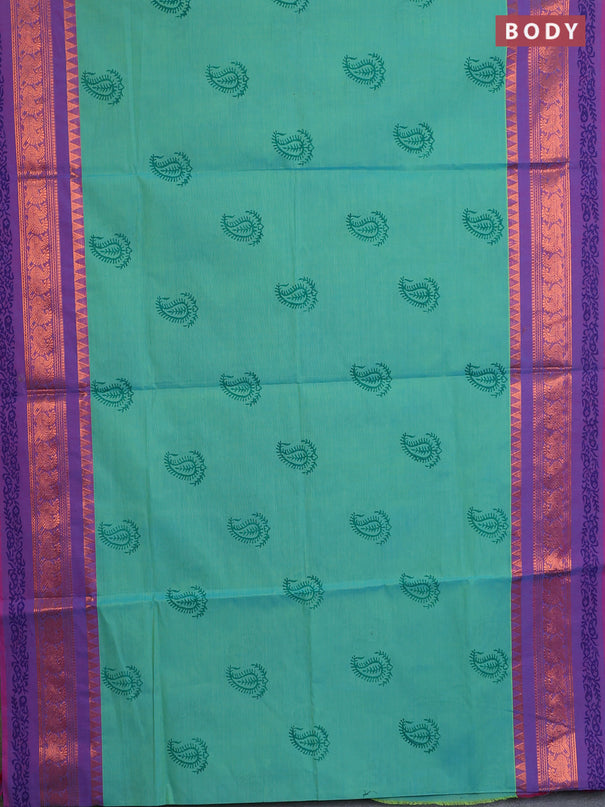 Chettinad cotton saree teal bluish green and purple with butta prints and zari woven printed border