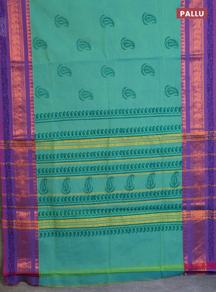 Chettinad cotton saree teal bluish green and purple with butta prints and zari woven printed border