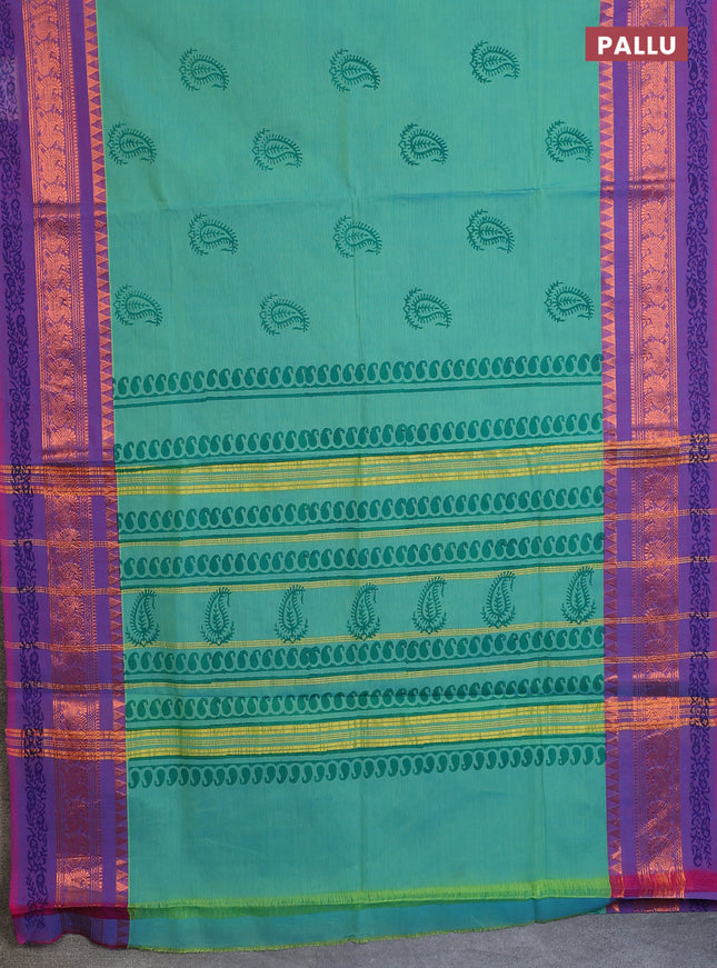 Chettinad cotton saree teal bluish green and purple with butta prints and zari woven printed border