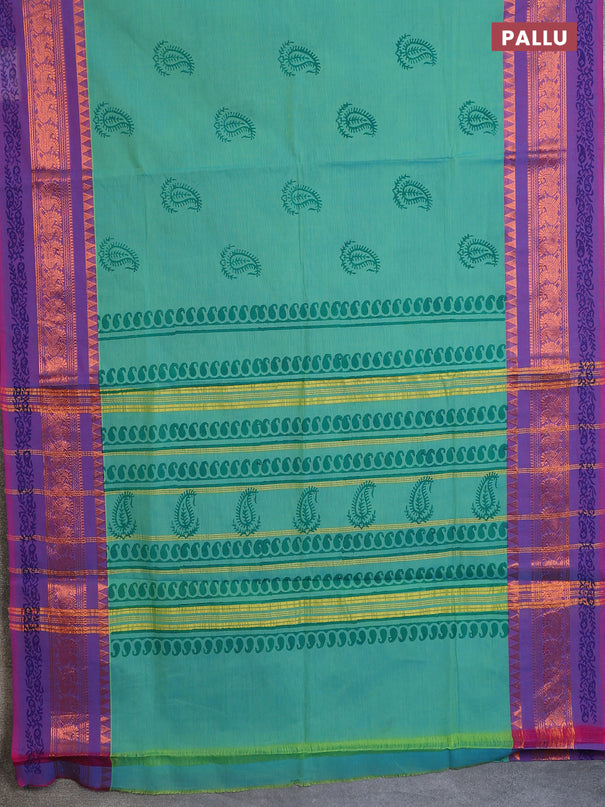 Chettinad cotton saree teal bluish green and purple with butta prints and zari woven printed border