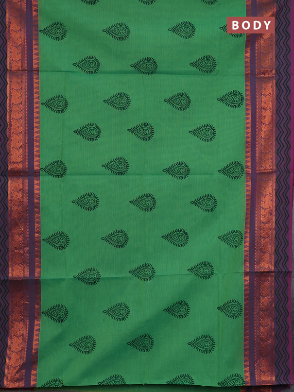 Chettinad cotton saree teal green and dual shade of purple with butta prints and zari woven printed border