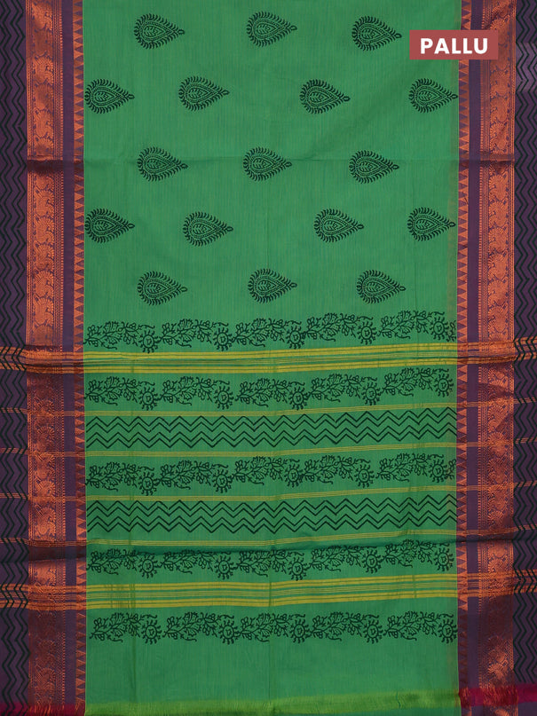 Chettinad cotton saree teal green and dual shade of purple with butta prints and zari woven printed border