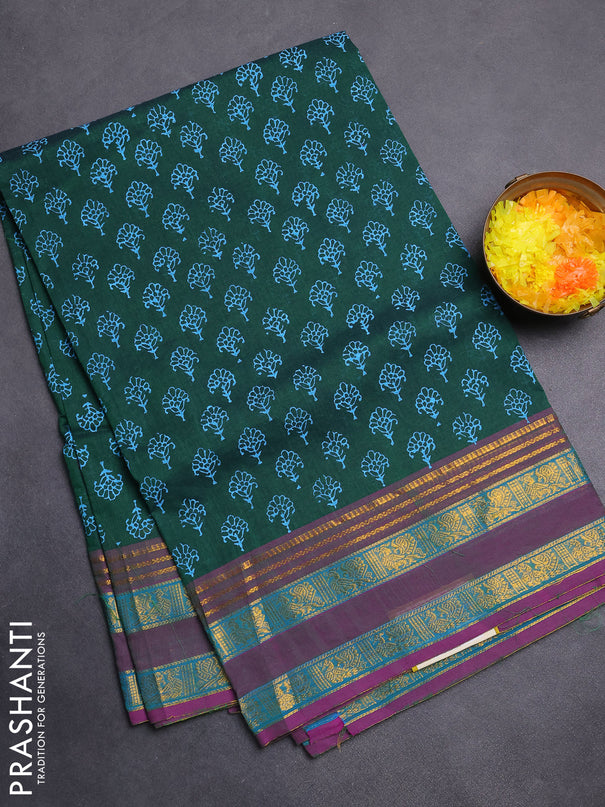 Chettinad cotton saree green and purple with allover butta prints and long rettapet zari woven border