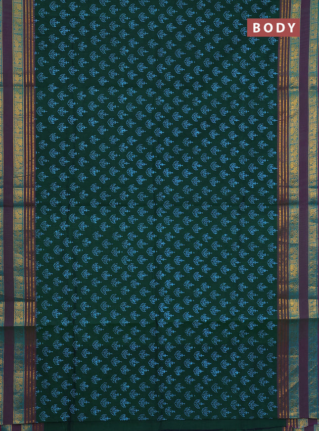 Chettinad cotton saree green and purple with allover butta prints and long rettapet zari woven border