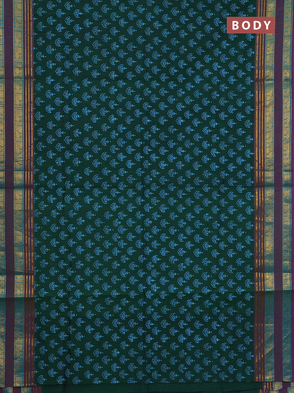 Chettinad cotton saree green and purple with allover butta prints and long rettapet zari woven border