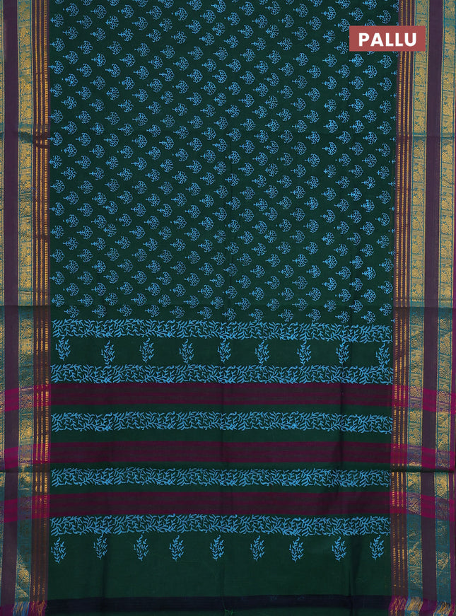 Chettinad cotton saree green and purple with allover butta prints and long rettapet zari woven border