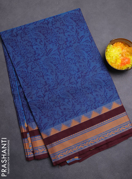Chettinad cotton saree cs blue and wine shade with allover block prints and thread woven border