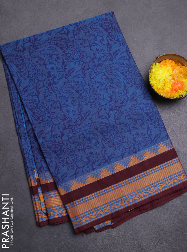 Chettinad cotton saree cs blue and wine shade with allover block prints and thread woven border