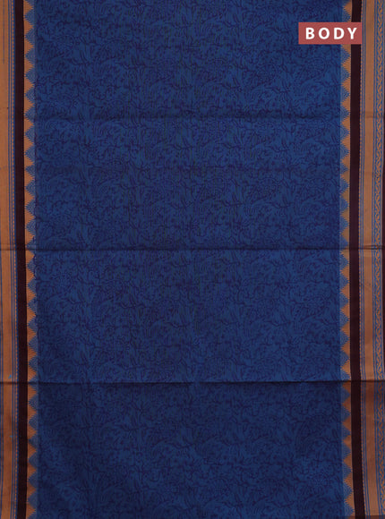 Chettinad cotton saree cs blue and wine shade with allover block prints and thread woven border