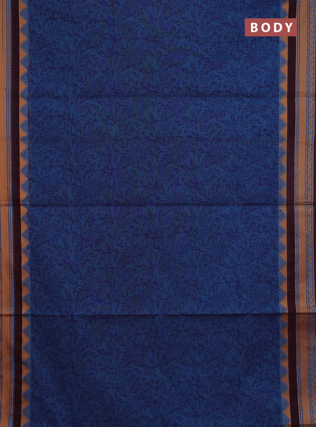Chettinad cotton saree cs blue and wine shade with allover block prints and thread woven border