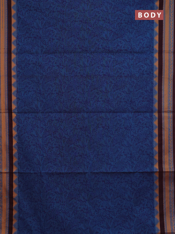 Chettinad cotton saree cs blue and wine shade with allover block prints and thread woven border