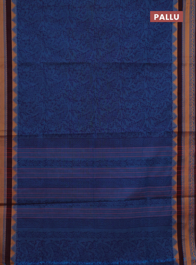Chettinad cotton saree cs blue and wine shade with allover block prints and thread woven border