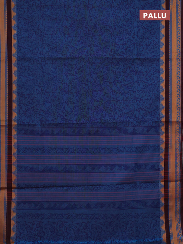 Chettinad cotton saree cs blue and wine shade with allover block prints and thread woven border