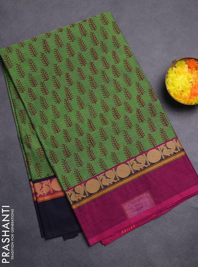 Chettinad cotton saree green shade with allover butta prints and ganga jamuna border