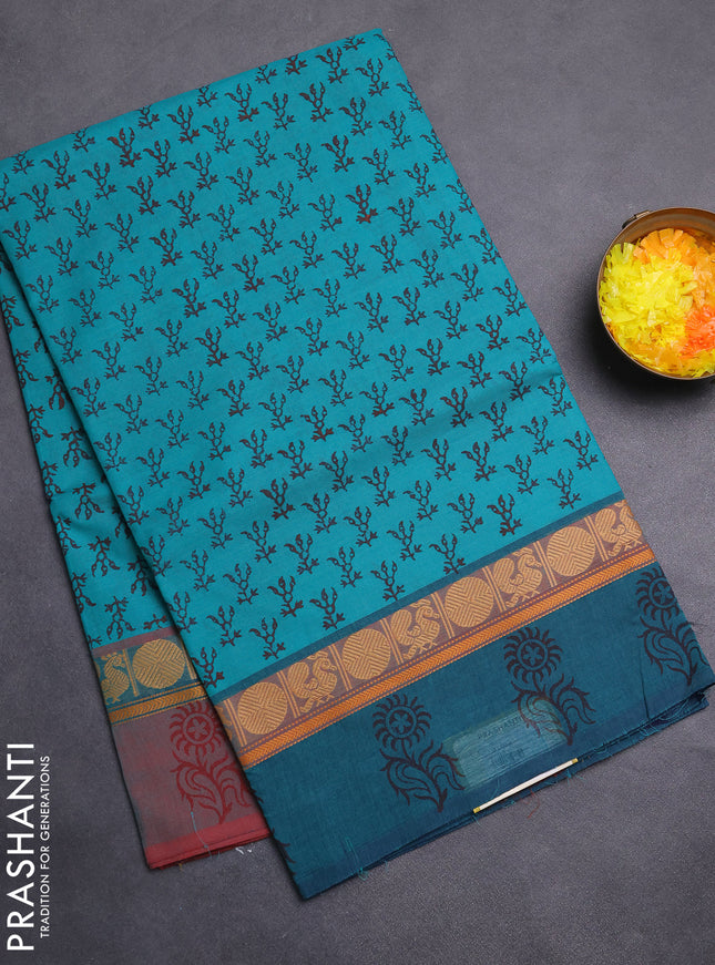 Chettinad cotton saree teal green shade with allover butta prints and ganga jamuna border