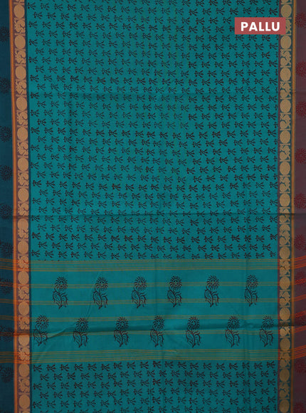 Chettinad cotton saree teal green shade with allover butta prints and ganga jamuna border