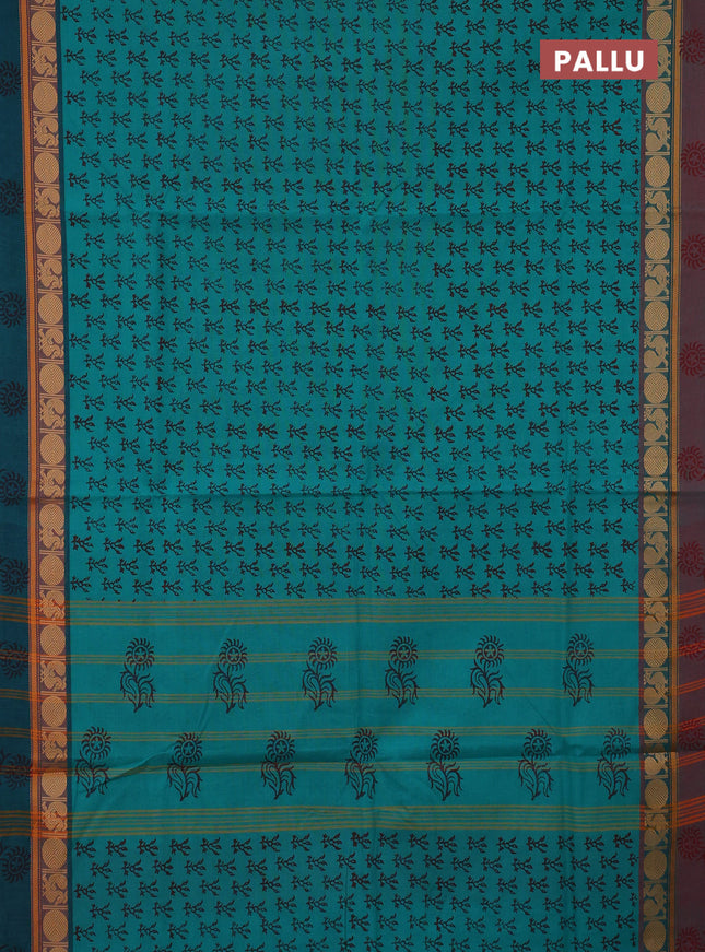 Chettinad cotton saree teal green shade with allover butta prints and ganga jamuna border