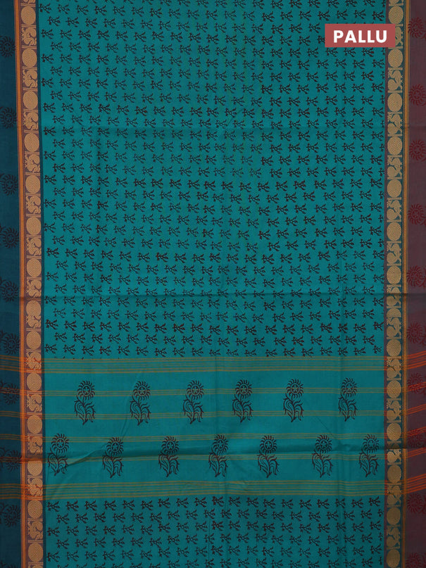 Chettinad cotton saree teal green shade with allover butta prints and ganga jamuna border
