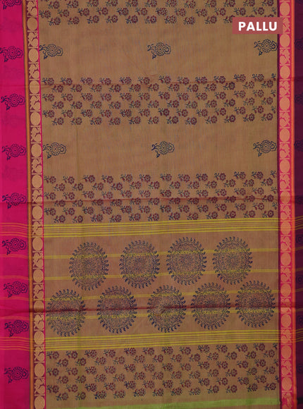 Chettinad cotton saree dual shade of green with allover block prints and ganga jamuna border