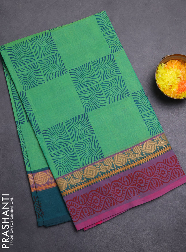 Chettinad cotton saree green shade with allover block prints and ganga jamuna border
